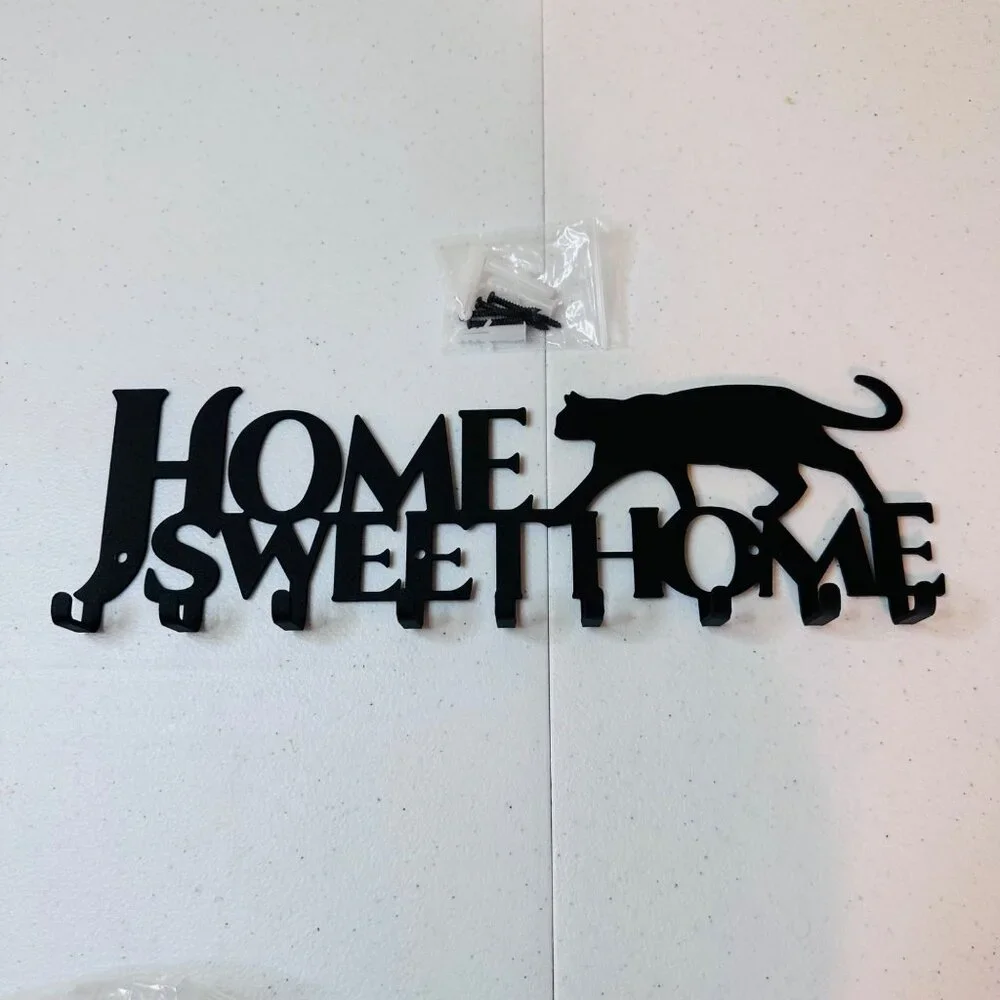 Cat Silhouette Metal Key Rack Home Sweet Home Wall Hook Holder
